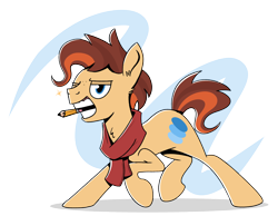 Size: 2174x1683 | Tagged: safe, artist:piemations, oc, oc only, oc:pen, earth pony, pony, abstract background, action pose, alternate cutie mark, clothes, freckles, mouth hold, pencil, race swap, scarf, simple background, transparent background