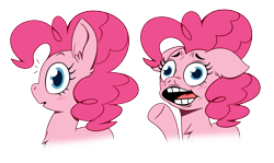 Size: 2967x1770 | Tagged: safe, artist:piemations, pinkie pie, earth pony, pony, g4, 2 panel comic, awkward, faic, female, floppy ears, open mouth, simple background, solo, transparent background, waving