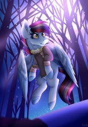 Size: 763x1100 | Tagged: safe, artist:vendy05, oc, pegasus, pony, art trade, clothes, colored wings, flying, forest, jacket, multicolored wings, pegasus oc, snow, sun rays, wings