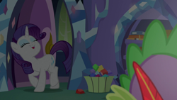 Size: 1920x1080 | Tagged: safe, screencap, rarity, spike, dragon, pony, unicorn, dragon dropped, g4, dark, eyes closed, female, gem, mare, quill, spike's room, twilight's castle, winged spike, wings