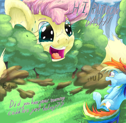 Size: 2020x1966 | Tagged: safe, artist:firefanatic, fluttershy, rainbow dash, g4, :3, big ears, big grin, cute, destruction, dialogue, dust cloud, female, fluffy, frightened, giantess, grin, macro, mawshot, messy mane, nostrils, onomatopoeia, open mouth, scared, shocked, size difference, smiling, sound effects, startled, tree