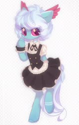Size: 1300x2048 | Tagged: safe, artist:vanilla, oc, oc only, oc:angela de medici, pony, semi-anthro, apron, arm hooves, clothes, dress, ear feathers, female, looking at you, maid, mare, solo