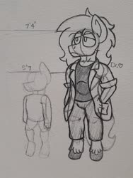 Size: 2101x2801 | Tagged: safe, artist:drheartdoodles, oc, oc only, oc:dr.heart, clydesdale, anthro, unguligrade anthro, clothes, hand in pocket, high res, male, monochrome, size difference, solo, stallion, traditional art