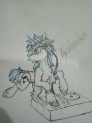 Size: 1080x1440 | Tagged: safe, artist:creature.exist, dj pon-3, vinyl scratch, pony, unicorn, g4, female, fluffy, solo, traditional art, turntable