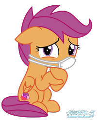 Size: 1800x2232 | Tagged: safe, artist:kuren247, scootaloo, pegasus, pony, g4, coronavirus, covid-19, ears back, face mask, fear, female, filly, mask, scared, scootaloo's cutie mark, simple background, sitting, solo, surgical mask, transparent background, worried