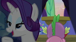 Size: 1920x1080 | Tagged: safe, screencap, rarity, spike, dragon, pony, unicorn, dragon dropped, g4, female, mare, quill, spike's room, twilight's castle, winged spike, wings