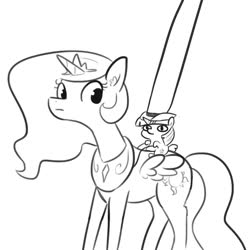 Size: 1080x1080 | Tagged: safe, artist:tjpones edits, edit, princess celestia, twilight sparkle, alicorn, pony, g4, black and white, cowboy hat, doug dimmadome, duo, giddy up, grayscale, hat, impossibly large hat, lineart, meme, monochrome, ponies riding ponies, reins, riding, simple background, smol, ten gallon hat, twiggie, twilight sparkle (alicorn), white background