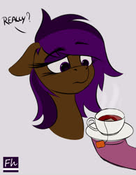 Size: 4682x6000 | Tagged: safe, artist:chrisfhey, oc, oc:berry mocha, brown coat, drink, purple eyes, purple mane, tea, unamused