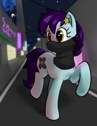 Size: 1872x2430 | Tagged: safe, artist:stillsings, princess luna, star dancer, earth pony, pony, g4, my little pony: the manga, my little pony: the manga volume 2, cutiemarking, cyberpunk, duct tape, female, mare, neck gaiter, night, offscreen character, solo, stars, tape