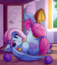Size: 1313x1500 | Tagged: safe, artist:shadowreindeer, kerfuffle, rarity, pegasus, pony, unicorn, rainbow roadtrip, :p, amputee, behaving like a cat, butt, crossed legs, cute, female, legs in air, looking at you, mare, mlem, plot, prosthetic leg, prosthetic limb, prosthetics, silly, solo, tangled up, tongue out, yarn, yarn ball