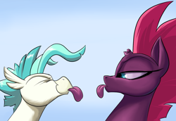 Size: 1600x1100 | Tagged: safe, artist:rocket-lawnchair, tempest shadow, terramar, hippogriff, pony, unicorn, g4, broken horn, duo, female, horn, male, mare, mlem, silly, tongue out