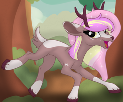 Size: 2299x1915 | Tagged: safe, artist:soctavia, oc, oc only, oc:peaches n cream, deer, deer pony, original species, pony, female, happy, open mouth, solo