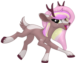 Size: 2299x1915 | Tagged: safe, artist:soctavia, oc, oc only, oc:peaches n cream, deer, deer pony, original species, pony, female, happy, open mouth, simple background, solo, transparent background