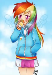 Size: 911x1301 | Tagged: safe, artist:heveagoodday, rainbow dash, human, g4, anime, blushing, clothes, cute, cutie mark, cutie mark on clothes, dashabetes, drink, drinking, female, floating wings, hand in pocket, hoodie, humanized, skirt, soda can, solo, wings