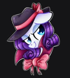 Size: 900x1000 | Tagged: safe, artist:heveagoodday, artist:meqiopeach, rarity, pony, g4, rarity investigates, black background, bow, bust, clothes, detective rarity, female, floppy ears, hat, mare, portrait, simple background, solo