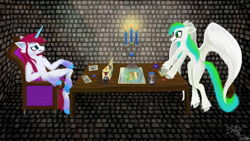Size: 1920x1080 | Tagged: safe, artist:aethericunicorn, derpibooru exclusive, oc, oc:arcane insight, oc:sorian, pegasus, pony, unicorn, blushing, candle, dice, digital art, dungeons and dragons, fluffy, hourglass, male, map, ogres and oubliettes, playing, smiling, smirk, stallion