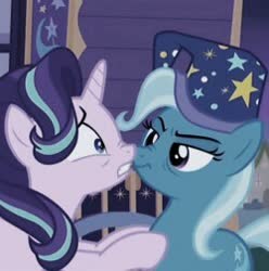 Size: 250x252 | Tagged: safe, edit, edited screencap, screencap, starlight glimmer, trixie, g4, to where and back again, aesthetics, bags under eyes, boop, cropped, duo, female, hat, nightcap, nose wrinkle, noseboop, trixie's nightcap, trixie's wagon