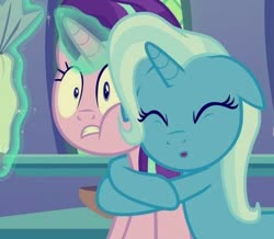 Size: 474x414 | Tagged: safe, edit, edited screencap, screencap, starlight glimmer, trixie, all bottled up, g4, cropped, eyes closed, female, floppy ears, hug