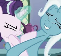 Size: 446x414 | Tagged: safe, edit, edited screencap, screencap, starlight glimmer, trixie, all bottled up, g4, cropped, duo, eyes closed, female, glowing horn, horn, hug, out of context