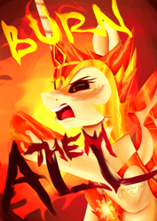 Size: 2894x4093 | Tagged: safe, artist:maeveadair, daybreaker, princess celestia, alicorn, pony, g4, angry, commission, fire, game of thrones, open mouth, raised hoof, reference, simple background, solo, text