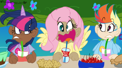 Size: 800x450 | Tagged: safe, artist:mirabuncupcakes15, fluttershy, rainbow dash, twilight sparkle, human, g4, burp, cake, cherry, clothes, coke, dark skin, drink, drinking straw, female, food, glass, horn, horned humanization, humanized, muffin, open mouth, pie, shirt, soda, straw, sweater, sweatershy, t-shirt, trio, vest, winged humanization, wings