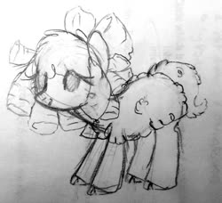 Size: 1137x1035 | Tagged: safe, artist:skulifuck, oc, oc only, sheep, sheep pony, bow, cloven hooves, grayscale, hair bow, lineart, monochrome, pencil drawing, smiling, solo, traditional art