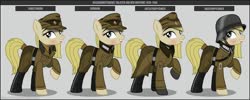 Size: 1280x512 | Tagged: safe, artist:brony-works, oc, oc only, earth pony, pony, boots, clothes, earth pony oc, eyelashes, female, hat, helmet, mare, nazi germany, raised hoof, reference sheet, shoes, smiling, tongue out, uniform, world war ii