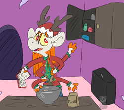 Size: 1100x972 | Tagged: safe, artist:lilsunshinesam, oc, oc only, oc:sunbeam, hybrid, anthro, anthro oc, antlers, baking, book, bowl, cabinet, clothes, flour, gift art, interspecies offspring, mixing bowl, multiple arms, offspring, parent:discord, parent:princess celestia, parents:dislestia, solo, sweater