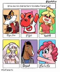 Size: 1715x2048 | Tagged: safe, artist:darka01, pinkie pie, cat, dog, earth pony, human, pony, anthro, g4, alcohol, animal crossing, anthro with ponies, blushing, bojack horseman, bojack horseman (character), bust, crossover, cup, ear piercing, earring, female, isabelle, jewelry, male, mare, out of frame, piercing, six fanarts