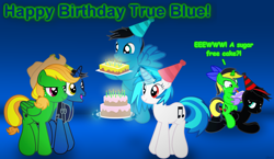 Size: 4341x2521 | Tagged: safe, artist:agkandphotomaker2000, dj pon-3, vinyl scratch, oc, oc:arnold the pony, oc:dusty notes, oc:jazz notes, oc:pony video maker, oc:true blue, pegasus, pony, unicorn, g4, bipedal, birthday, birthday cake, birthday card, birthday hats, cake, candle, canon x oc, clothes, cowboy hat, dialogue, disgusted, family, female, filly, flying, food, glowing horn, happy, hat, horn, levitation, magic, magic aura, male, oc x oc, open mouth, party hat, ploy, ploy cake, red and black mane, red and black oc, shipping, show accurate, sugar free, sugar free cake, tackled, telekinesis, vest, videoscratch, wings