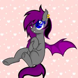 Size: 1181x1181 | Tagged: safe, oc, oc only, oc:lavender melody, bat pony, pony, abstract background, cute, ear piercing, eye clipping through hair, female, mare, one wing out, piercing, sitting, solo, underhoof, wings