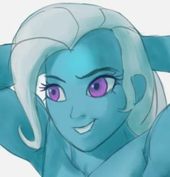 Size: 400x416 | Tagged: safe, artist:grissaecrim, trixie, unicorn, equestria girls, g4, armpits, bust, cropped, hands on head, looking offscreen, smiling, solo