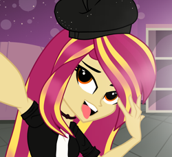Size: 1482x1360 | Tagged: safe, artist:galacticflashd, oc, oc only, oc:styler selvano, equestria girls, g4, bedroom, beret, choker, clothes, cupboard, female, hat, not sunset shimmer, open mouth, pose, selfie, solo, tongue out