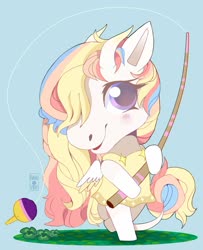 Size: 1419x1751 | Tagged: safe, artist:hikariviny, oc, oc:rainbow dreams, pegasus, pony, anthro, animal crossing, blue background, blushing, clothes, clover, colored horn, dress, female, fishing rod, hair over one eye, hoof hold, horn, simple background, two toned wings, wings