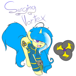 Size: 888x893 | Tagged: safe, artist:umbreow, oc, oc only, oc:surging vortex, pony, unicorn, fallout equestria, :d, clothes, female, hair over one eye, horn, jumpsuit, mare, open mouth, pipbuck, reference sheet, simple background, smiling, solo, unicorn oc, vault suit, white background