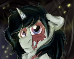 Size: 2500x2000 | Tagged: safe, artist:euspuche, oc, oc only, oc:bean, pony, unicorn, broken horn, bust, female, forest, high res, horn, looking at you, portrait, smiling