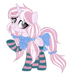 Size: 1280x1430 | Tagged: safe, artist:magicdarkart, oc, oc only, pony, unicorn, bow, clothes, deviantart watermark, female, freckles, hair bow, mare, obtrusive watermark, simple background, socks, solo, striped socks, tail bow, thigh highs, transparent background, watermark