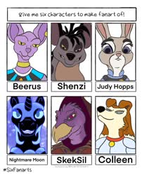 Size: 857x1024 | Tagged: safe, artist:varex, nightmare moon, alicorn, bird, dog, hyena, pony, anthro, g4, anthro with ponies, beerus, bust, crossover, dragon ball, dragon ball super, female, helmet, judy hopps, male, mare, road rovers, shenzi, six fanarts, smiling, the dark crystal, the lion king, zootopia