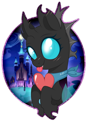 Size: 1502x2095 | Tagged: safe, artist:souleevee99, oc, oc only, oc:incantation, changeling, fanfic:the enchanted kingdom, fanfic:the enchanted library, bandana, castle of the royal pony sisters, changeling oc, cute, cuteling, fanfic art, heart, heart pillow, pillow, simple background, solo, tongue out, transparent background