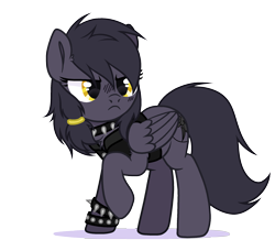 Size: 2400x2096 | Tagged: safe, artist:alfury, oc, oc:mir, pegasus, pony, bracelet, choker, clothes, collar, female, frown, hard rock, heavy metal, high res, jacket, jewelry, leather jacket, messy mane, metal, punk rock, punk rock outfit, raised leg, rocker, scrunchy face, shadow, simple background, spiked choker, spiked collar, spiked wristband, transparent background, wristband