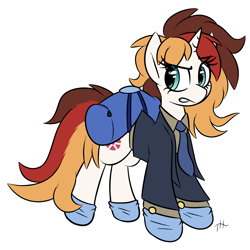 Size: 3250x3250 | Tagged: safe, alternate version, artist:fakskis, oc, oc only, oc:scarlet serenade, pony, unicorn, bag, clothes, coronavirus, covid-19, cufflinks, female, full body, gloves, high res, hoof gloves, horn, mare, necktie, payday 2, rubber gloves, simple background, solo, suit, unicorn oc, white background