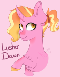 Size: 1216x1570 | Tagged: safe, artist:dynamitesan, luster dawn, pony, unicorn, g4, the last problem, bust, chest fluff, colored hooves, ear fluff, female, mare, pink background, simple background, solo