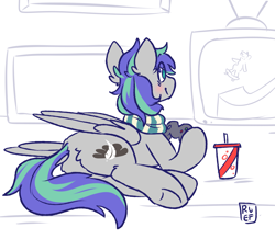 Size: 3013x2628 | Tagged: safe, artist:ruef, oc, oc only, oc:storm feather, blushing, clothes, controller, gaming, high res, male, scarf, soda, stallion