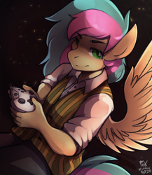 Size: 1042x1200 | Tagged: safe, artist:foxinshadow, oc, oc only, oc:altitude, pegasus, anthro, black background, clothes, controller, male, signature, simple background, smiling, solo
