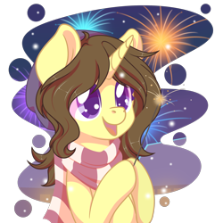 Size: 2100x2100 | Tagged: safe, artist:wavecipher, oc, oc only, oc:astral flare, pony, unicorn, beanie, clothes, cute, fireworks, happy, hat, high res, scarf, simple background, smiling, solo, transparent background