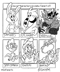 Size: 2567x3060 | Tagged: safe, artist:heropoop1996, spike, alien, dragon, human, rabbit, zbornak, anthro, g4, animal, clothes, crossover, endeavor, grin, hat, high res, hooktail, jontron, judy hopps, lineart, male, monochrome, my hero academia, out of frame, paper mario, paper mario: the thousand year door, six fanarts, smiling, super mario bros., sylvia (wander over yonder), thumbs up, wander over yonder, zootopia
