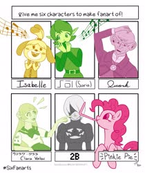 Size: 2371x2829 | Tagged: safe, artist:leifbrandr, pinkie pie, dog, earth pony, elf, pony, anthro, g4, 2b, animal crossing, anthro with ponies, blindfold, clothes, crossover, female, high res, isabelle, licking, male, mare, music notes, nier: automata, quark, quark (star trek), saria, singing, six fanarts, star trek, star trek: deep space nine, the legend of zelda, tongue out