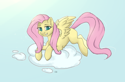 Size: 1594x1053 | Tagged: safe, artist:haruhi-il, fluttershy, pegasus, pony, g4, cloud, cute, female, looking at you, mare, missing cutie mark, on a cloud, smiling, solo, spread wings, three quarter view, wings