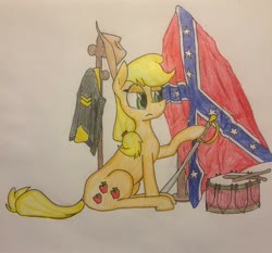 Size: 1280x1194 | Tagged: safe, applejack, earth pony, pony, g4, american civil war, confederate, confederate flag, cutie mark, drawing, drums, female, hat, mouthpiece, musical instrument, solo, tennessee ernie ford, traditional art