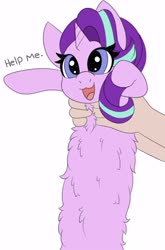 Size: 1976x3000 | Tagged: safe, artist:pegamutt, starlight glimmer, human, pony, unicorn, g4, cute, female, fluffy, high res, holding a pony, long glimmer, long pony, longcat, mare, open mouth, solo, text